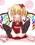  ascot bad_feet bare_shoulders black_legwear blonde_hair blush bow fang feet flandre_scarlet furagu hair_bow highres legs_up midriff navel no_hat no_headwear panties pantyshot pantyshot_(sitting) pov_feet red_eyes short_hair side_ponytail sitting skirt skirt_set sleeveless solo thighhighs touhou underwear white_panties wings 