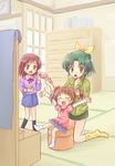  :d adjusting_hair akihara_ryou bow brown_eyes brown_hair chest_of_drawers clock closed_eyes green_eyes green_hair green_shirt hair_bow hair_brush hair_brushing holding midorikawa_haru midorikawa_hina midorikawa_nao multiple_girls open_mouth outstretched_arms precure shirt siblings sisters sitting sliding_doors smile smile_precure! standing tatami 