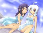  2girls ahoge bare_shoulders blue_eyes blue_hair blush breasts brown_eyes camisole earring earrings female flat_chest jewelry lucia_(luminous_arc) luminous_arc multiple_girls pointy_ears tattoo vivi_(luminous_arc) white_hair 