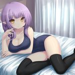  bangs bed black_legwear breasts brown_eyes cleavage elf long_hair looking_at_viewer lying medium_breasts nail_polish on_bed on_side one-piece_swimsuit original pointy_ears purple_hair school_swimsuit smile solo swimsuit thighhighs tsukumiya_amane 