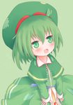  blush from_above green_eyes green_hair hat leaf leaf_on_head no_nose open_mouth original seoi_ha shize_(coletti) simple_background solo 