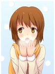  blush bob_cut breath brown_eyes brown_hair hagiwara_yukiho idolmaster idolmaster_(classic) kobako looking_back open_mouth scarf short_hair solo warming warming_hands 