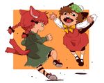  &lt;o&gt;_&lt;o&gt; animal_ears black_eyes bow braid brown_hair cat_ears cat_paws cat_tail catfight chen dress earrings extra_ears fangs hair_ribbon hat jewelry kaenbyou_rin leg_ribbon multiple_girls multiple_tails nekomata onikobe_rin open_mouth outstretched_arms paws red_dress red_hair ribbon shirt short_hair skirt skirt_set tail touhou twin_braids vest 