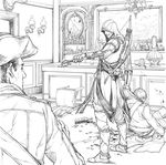  arrow assassin's_creed_(series) assassin's_creed_iii axe bad_id bad_pixiv_id bar blood bottle bow_(weapon) chair chandelier coat connor_kenway crack death greyscale hat hood kid666 lamp male_focus mirror monochrome multiple_boys quiver scar soldier tricorne weapon 