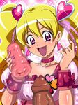  1girl artificial_vagina blonde_hair blush censored cure_peach earrings fresh_precure! hair_ornament jewelry momozono_love nail_polish naughty_face open_mouth penis perspective pov precure purple_eyes raburebo smile twintails 