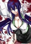  :q blood blood_stain blue_eyes bow breasts busujima_saeko cleavage collarbone covered_nipples downblouse hanging_breasts highschool_of_the_dead hullabaloo large_breasts leaning_forward legs licking_lips long_hair looking_at_viewer purple_hair school_uniform side_slit skirt solo thighs tongue tongue_out very_long_hair 