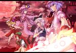  ascot bat_wings blonde_hair blue_eyes blue_hair book bow braid crescent dress fang flandre_scarlet full_moon gloves hair_bow hat hat_bow hong_meiling izayoi_sakuya letterboxed long_hair maid maid_headdress moon multiple_girls open_mouth patchouli_knowledge purple_eyes purple_hair ram_hachimin red_eyes red_hair red_moon remilia_scarlet ribbon short_hair side_ponytail silver_hair skirt smile star touhou twin_braids wings wrist_cuffs 