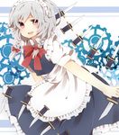  apron bad_id bad_pixiv_id bow braid grey_hair hair_bow izayoi_sakuya knife maid maid_headdress open_mouth red_eyes saibi short_hair solo touhou twin_braids waist_apron 