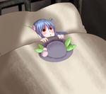 :o bed blanket blue_hair food fruit hat hat_removed headwear_removed hinanawi_tenshi long_hair lying peach pillow ramutaizumu red_eyes solo touhou under_covers 