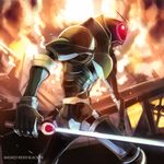  antennae bad_id bad_pixiv_id energy_sword explosion glowing glowing_eyes hajime_(hajime-ill-1st) kamen_rider kamen_rider_black_rx kamen_rider_black_rx_(series) male_focus revolcane solo sword weapon 