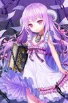  amrita book chain dress endos frilled_dress frills hair_ribbon holding horns jewelry layered_dress lock long_hair lowres necklace open_mouth paper purple_hair red_eyes ribbon smile solo sword_girls very_long_hair 