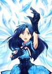  absurdres asuke_yuki bad_id bad_pixiv_id blue_eyes blue_hair boots feathers gloves highres idol idolmaster idolmaster_(classic) kisaragi_chihaya long_hair looking_at_viewer open_mouth ramii solo 