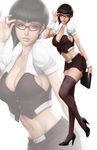  breasts brown_eyes brown_hair cleavage copyright_request crop_top earrings glasses high_heels jewelry large_breasts lips midriff miniskirt no_bra office_lady pencil_skirt shoes skirt stanley_lau thighhighs wrist_cuffs zettai_ryouiki zoom_layer 