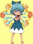  barefoot blue_eyes blue_hair bow cirno crossed_arms feet flower full_body ice ice_wings onikobe_rin simple_background smile smug solo toes touhou wings yellow_background 