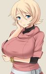  belt blonde_hair blue_eyes blush bracelet breast_hold breasts emily_armond gundam gundam_age hand_on_own_face huge_breasts inaho jewelry mature older shirt short_hair smile solo taut_clothes taut_shirt 
