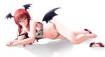  bat_wings bespectacled blush bra breasts collarbone commentary_request eyebrows_visible_through_hair eyelashes full_body glasses head_wings high_heels highres koakuma lace lace-trimmed_bra lace-trimmed_panties large_breasts long_hair looking_at_viewer low_wings navel panties pointy_ears red-framed_eyewear red_eyes red_footwear red_hair semi-rimless_eyewear shadow shoe_removed shoes simple_background single_shoe smile strap_slip touhou underwear underwear_only white_background wings yumi_(careca398) 