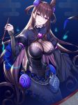  1girl bangs black_dress blue_background blush breasts brown_hair commentary_request dress eyebrows_visible_through_hair fate/grand_order fate_(series) hair_between_eyes hair_ornament head_tilt highres holding holding_paintbrush juliet_sleeves large_breasts long_hair long_sleeves looking_at_viewer murasaki_shikibu_(fate) paintbrush parted_lips puffy_sleeves purple_eyes ririko_(zhuoyandesailaer) sidelocks sleeves_past_wrists solo striped two_side_up vertical-striped_dress vertical_stripes very_long_hair wide_sleeves 
