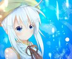  bare_shoulders blue_eyes hat lucia_(luminous_arc) luminous_arc smile snowflake snowflakes white_hair 