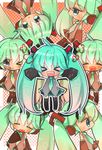  &gt;_&lt; bad_id bad_pixiv_id blue_eyes chibi closed_eyes detached_sleeves fang green_hair hatsune_miku highres long_hair mami_(sweetcandy) necktie open_mouth outstretched_arms skirt sleeves_past_wrists spread_arms thighhighs twintails very_long_hair vocaloid 