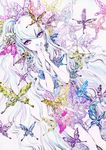  bad_id bad_pixiv_id ballpoint_pen_(medium) bug butterfly charmal color_ink_(medium) covering_mouth eyelashes insect leg_garter long_hair original purple_eyes solo traditional_media 