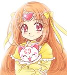  akihara_ryou bow cat choker circlet cure_muse_(yellow) dress hair_bow heart holding hummy_(suite_precure) long_hair orange_hair pink_eyes precure ribbon_choker shirabe_ako smile suite_precure white_background yellow_bow yellow_choker 