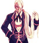  beard blazblue facial_hair formal gloves hair_over_one_eye long_hair male_focus ponytail smile solo suit valkenhayn_r_hellsing white_background white_hair zetsho 