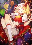  :q ascot blonde_hair blood bloomers chinese_lantern_(plant) flandre_scarlet gloves hat kneehighs licking_lips light_particles mary_janes midriff red_eyes reika_(clovia_studio) shoes short_hair side_ponytail smile solo tongue tongue_out touhou underwear white_gloves white_legwear wings 