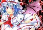  ascot bat_wings blue_hair dress flower fuuna_(conclusion) hat hat_ribbon petals red_eyes red_flower red_rose remilia_scarlet ribbon rose single_wing smile solo touhou wings wrist_cuffs 