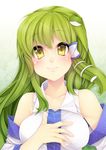  absurdres bare_shoulders blush breasts closed_mouth collarbone detached_sleeves face frog_hair_ornament green_hair hair_ornament hair_tubes hand_on_own_chest highres kochiya_sanae lips long_hair medium_breasts serizawa_mutsuki shirt smile snake solo touhou upper_body yellow_eyes 