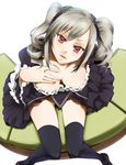  black_dress black_legwear breasts cleavage downblouse dress drill_hair from_above hair_ribbon hand_on_own_chest highres idolmaster idolmaster_cinderella_girls kanzaki_ranko large_breasts long_legs looking_at_viewer looking_up red_eyes ribbon silver_hair sitting solo thighhighs twin_drills twintails umakatsuhai zettai_ryouiki 