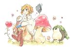  blonde_hair blue_eyes bottle bug butterfly gloves hat heart highres insect kikwi link machi_(skyward_sword) mushroom noisyyuri pointy_ears the_legend_of_zelda the_legend_of_zelda:_skyward_sword traditional_media 