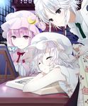  apron bad_id bad_pixiv_id bare_shoulders blanket book braid closed_eyes cup izayoi_sakuya lavender_hair library long_hair maid_headdress multiple_girls patchouli_knowledge purple_eyes purple_hair remilia_scarlet short_hair silver_hair sleeping smile teacup touhou twin_braids voile yamada_ranga 