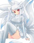  alternate_color breasts fox gen_1_pokemon hair_ornament hair_ribbon head_tilt highres huge_breasts impossible_clothes impossible_shirt lap long_hair multiple_tails ninetales personification pokemon red_eyes ribbon shiny_pokemon shirt silver_hair simple_background sitting skirt solo tail taut_clothes taut_shirt thighhighs thighs twintails white_background 