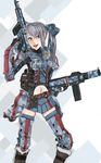  asuke_yuki bad_id bad_pixiv_id blue_eyes dual_wielding edy_nelson grey_hair gun highres holding midriff navel open_mouth senjou_no_valkyria senjou_no_valkyria_1 skindentation skirt smile solo thighhighs weapon 