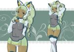  1girl animal_ear_fluff animal_ears breasts cat_ears dark_skin graphite_(medium) long_sleeves makoto_daikichi mechanical_pencil multiple_views original panties panty_peek pencil tan traditional_media underwear white_legwear 