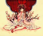  axis_powers_hetalia blush branch brown_hair dress flower hair_flower hair_ornament long_hair red_eyes shoes sitting sleeves_past_wrists solo taiwan_(hetalia) traditional_media tugumi0w0 watercolor_(medium) 