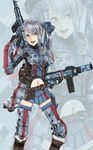  asuke_yuki bad_id bad_pixiv_id blue_eyes dual_wielding edy_nelson grey_hair gun highres holding knee_pads midriff navel senjou_no_valkyria senjou_no_valkyria_1 skirt solo thighhighs weapon zoom_layer 