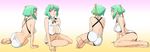  aquarion_(series) aquarion_evol arm_support ass back bare_shoulders barefoot between_thighs breasts cleavage cleavage_cutout commentary dimples_of_venus feet green_hair hair_ribbon highres large_breasts legs midriff multiple_views navel purple_eyes ribbon short_hair shorts sitting turnaround ueyama_michirou zessica_wong 