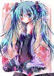  :&lt; ahoge bare_shoulders blue_eyes blue_hair blush detached_sleeves hand_on_own_chest hatsune_miku heart highres long_hair potten sitting skirt sleeves_past_wrists solo star thighhighs twintails vocaloid wariza 