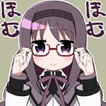  akemi_homura blush glasses green_background hairband homu long_hair mahou_shoujo_madoka_magica muhogame purple_eyes purple_hair red-framed_eyewear ribbon simple_background smile solo 