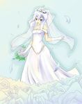  bare_shoulders blue_eyes breasts dress flower gloves lucia_(luminous_arc) luminous_arc open_mouth rose solo wedding_dress white_hair 