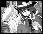  ascot black_border border circle_cut formal greyscale hat hirase_yuu holding_hands interlocked_fingers long_hair looking_at_viewer maribel_hearn monochrome multiple_girls open_mouth short_hair smile touhou usami_renko 