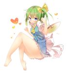  ascot bare_legs barefoot blue_eyes bow daiyousei dress feet full_body green_hair hair_bow heart highres kurean legs no_panties short_hair side_ponytail simple_background solo touhou white_background wings 