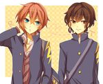  bag blue_eyes brown_eyes brown_hair hand_behind_head inazuma_eleven_(series) inazuma_eleven_go kirino_ranmaru male_focus multiple_boys natsucha125 pink_hair raimon raimon_school_uniform school_uniform shindou_takuto smile 