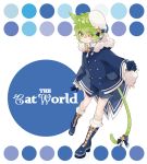  1boy animal_ears boots cat_ears cat_tail catboy coat eyes_visible_through_hair green_hair hat looking_at_viewer looking_away neck_ribbon nemui_lazurite original ribbon sailor_hat shorts smile solo tail yellow_eyes 