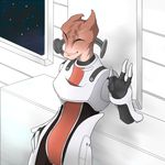  1boy alien doctor&#039;s_office doctor's_office eyes_closed hand_on_hip huutaarisu indoors male male_focus mass_effect mass_effect_2 mordin_solus pixiv_thumbnail salarian ship smile solo space space_craft spaceship waving 