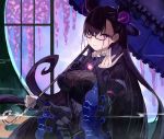  1girl arm_up bangs black_dress breasts brown_hair double_bun dress fate/grand_order fate_(series) flower frilled_dress frilled_shirt_collar frills gem glasses hair_between_eyes hair_ornament highres holding holding_umbrella large_breasts long_hair long_sleeves murasaki_shikibu_(fate) puffy_sleeves purple_eyes round_window sanshouuo serious sleeves_past_wrists solo two_side_up umbrella very_long_hair window wisteria 