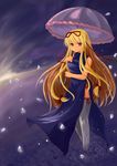  bad_id bad_pixiv_id blonde_hair bow dress field flower flower_field hair_bow hair_ribbon highres horizon kawasumiya long_hair red_eyes ribbon side_slit smile solo thighhighs touhou umbrella very_long_hair white_legwear yakumo_yukari 