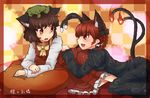  animal_ears ass braid brown_hair cat_ears cat_tail chen earrings fire jewelry kaenbyou_rin kusiyan lying multiple_girls multiple_tails pillow red_eyes red_hair short_hair single_earring tail tail-tip_fire touhou twin_braids 