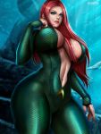  1girl aquaman_(series) blue_eyes breasts cleavage curvy dc_comics large_breasts long_hair mera_(dc) navel red_hair smile solo standing water 